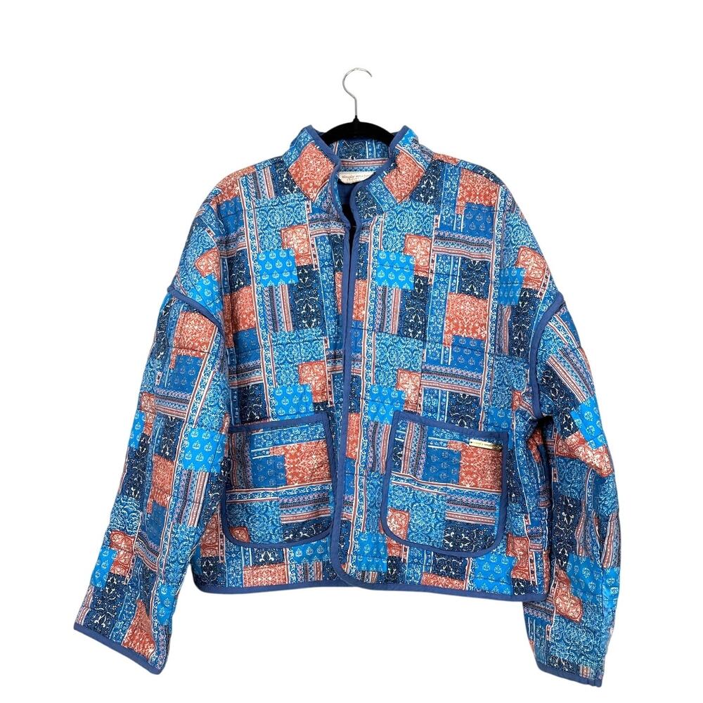 Simply Southern Womens XL Blue Multi Cotton Patchwork Boho Casual Blazer Jacke